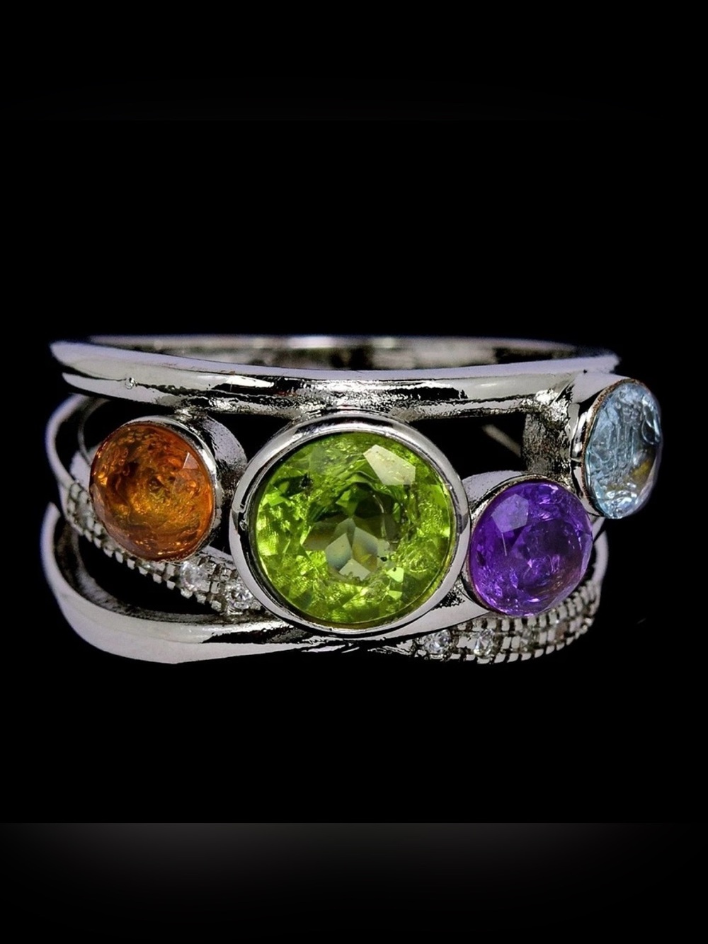 Natural Peridot Amethyat Topaz Citrine 925 Sterling Silver Ring Sz 8.25